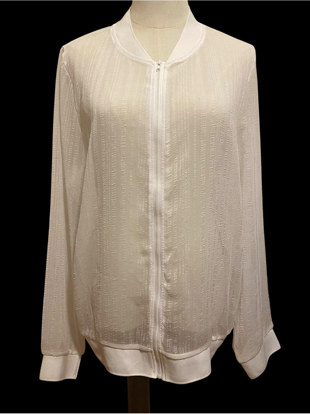Aibrou Women’s White Textured Sheer Bomber Jacket Full Zip Lightweight Size L